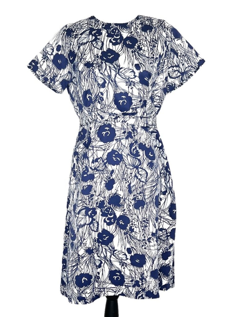 Vintage 90s Handmade Navy White Floral A-Line Knee Length Belted Dress Medium